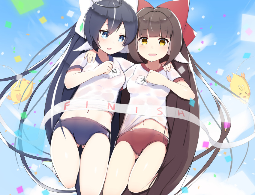 2girls ahoge animal_ears arm_around_shoulder ass_visible_through_thighs azur_lane black_hair blue_buruma blue_eyes breasts brown_eyes brown_hair buruma cloud confetti finish_line fukitotakenoko harutsuki_(azur_lane) highres legs long_hair midriff multiple_girls navel open_mouth outdoors ponytail red_buruma ribbon running shirt short_sleeves sky small_breasts smile thighs three-legged_race very_long_hair white_shirt yoizuki_(azur_lane)