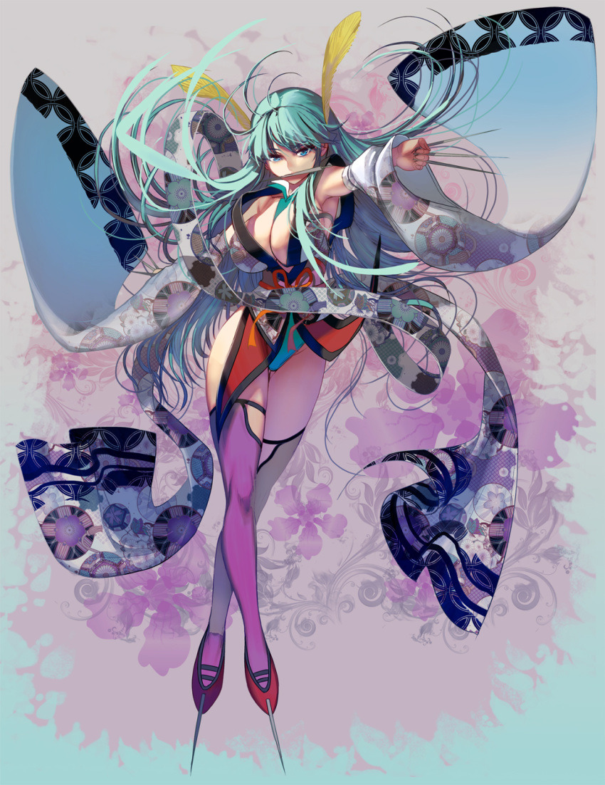 1girl aqua_eyes aqua_hair armpits bare_shoulders breasts cleavage commentary_request feathers flower full_body highres hip_focus japanese_clothes kimono large_breasts legs long_hair masao mouth_hold original purple_legwear revision solo thighhighs thighs