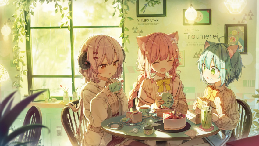 3girls :d ^_^ animal_ear_fluff animal_ears apron bangs black_skirt blue_apron blue_hair blurry blurry_foreground blush bow braid brown_eyes brown_shirt brown_skirt cake cat_ears chair closed_eyes collared_shirt commentary cup curled_horns demon_horns depth_of_field english_text eyebrows_visible_through_hair fang flower food frilled_skirt frills green_eyes hair_between_eyes hair_bow hair_flower hair_ornament hairclip highres holding holding_cup holding_food horns indoors jacket long_hair long_sleeves low_twintails macaron multiple_girls on_chair open_clothes open_jacket open_mouth original pantyhose parted_lips pink_hair plate red_bow romaji_text sandwich saucer shinoba shirt sitting skirt sleeves_past_wrists slice_of_cake smile symbol_commentary table teacup teapot translation_request tray twin_braids twintails very_long_hair waist_apron white_flower white_jacket white_legwear window