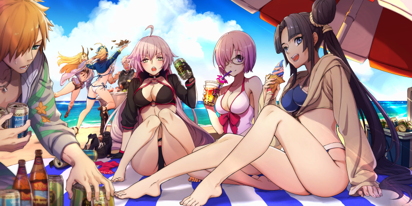 2boys 5girls ahoge archer artoria_pendragon_(all) ass bangs baseball_cap beach beach_towel beach_umbrella bikini black-framed_eyewear black_bikini black_choker black_hair black_jacket blonde_hair blue_bikini blue_eyes blue_headwear blue_jacket blue_sky bottle bow_swimsuit breasts can choker cropped_jacket cup dark_skin dark_skinned_male day dress_swimsuit fate/grand_order fate_(series) food glasses green_eyes hair_bun hair_over_one_eye hair_through_headwear hajimetakadai hat hawaiian_shirt highres holding holding_can holding_cup holding_food horns ibaraki_douji_(fate/grand_order) ibaraki_douji_(swimsuit_lancer)_(fate) jacket jacket_over_swimsuit jeanne_d'arc_(alter_swimsuit_berserker) jeanne_d'arc_(fate)_(all) large_breasts long_hair mash_kyrielight medium_breasts multiple_boys multiple_girls mysterious_heroine_xx_(foreigner) o-ring o-ring_bikini o-ring_top oni oni_horns orange_hair outdoors parted_bangs purple_eyes purple_hair robin_hood_(fate) shirt short_hair shrug_(clothing) side-tie_bikini side_ponytail silver_hair sitting sky summer_hunter swimsuit swimsuit_of_perpetual_summer towel umbrella ushiwakamaru_(fate/grand_order) ushiwakamaru_(swimsuit_assassin)_(fate) white_bikini white_hair white_swimsuit yellow_eyes yellow_jacket