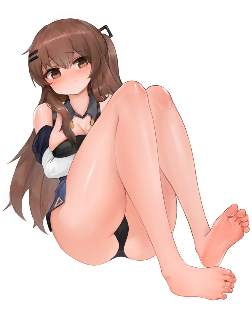 1girl ass bangs bare_legs bare_shoulders barefoot black_collar black_panties blue_skirt blush breasts brown_eyes brown_hair cleavage closed_mouth collar commentary_request detached_collar dokomon eyebrows_visible_through_hair feet full_body girls_frontline hair_between_eyes hair_ornament hairclip highres k-2_(girls_frontline) korean_commentary long_hair long_sleeves medium_breasts one_side_up panties simple_background skirt soles solo toenails underwear very_long_hair white_background