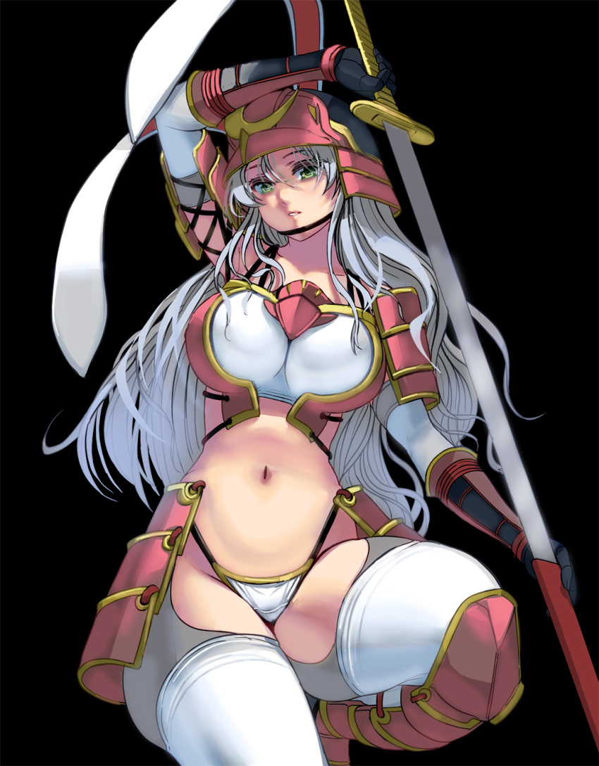 1girl animal_ears armor bangs black_background black_gloves breasts bunny_ears elbow_gloves gloves green_eyes grey_hair helmet highres hip_armor holding holding_sword holding_weapon large_breasts long_hair masao navel original samurai solo sword thighhighs two-tone_gloves weapon white_gloves white_legwear