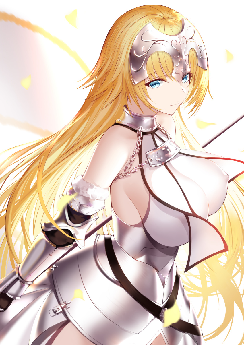 1girl absurdres armor armored_dress bangs blonde_hair blue_eyes blush breasts cleavage covered_nipples cowboy_shot eyebrows_visible_through_hair fate/apocrypha fate/grand_order fate_(series) faulds gauntlets headpiece higandgk highres jeanne_d'arc_(fate) jeanne_d'arc_(fate)_(all) large_breasts long_hair looking_at_viewer plackart sidelocks smile solo standard_bearer very_long_hair