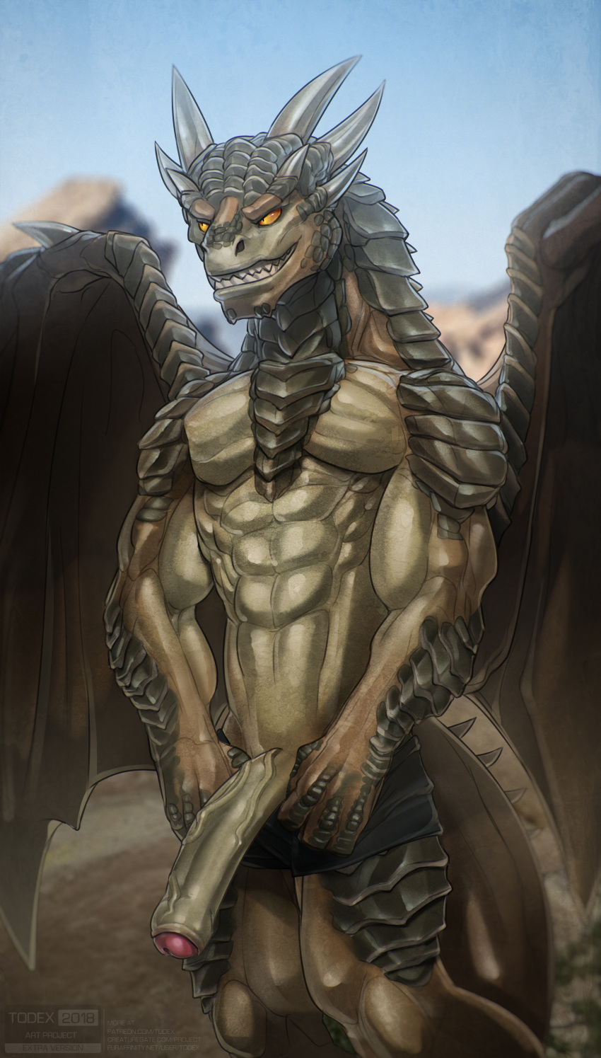 2018 absurd_res anthro big_penis clothing draco_(dragonheart) dragon dragonheart erection hi_res horn humanoid_penis male penis scales scalie sharp_teeth solo teeth todex underwear universal_studios vein veiny_penis western_dragon wings