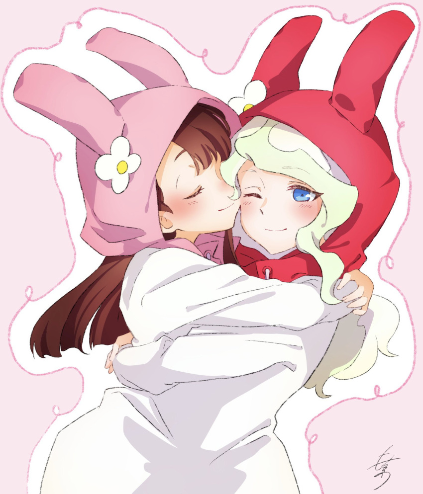 2girls alternate_costume animal_ears blue_eyes blush bunny_ears closed_eyes diana_cavendish flower hand_on_another's_shoulder happy headwear highres hug kagari_atsuko kiss little_witch_academia long_hair long_sleeves looking_at_viewer mochiro_lwa multicolored_hair multiple_girls one_eye_closed pajamas signature simple_background smile two-tone_hair wavy_hair yuri