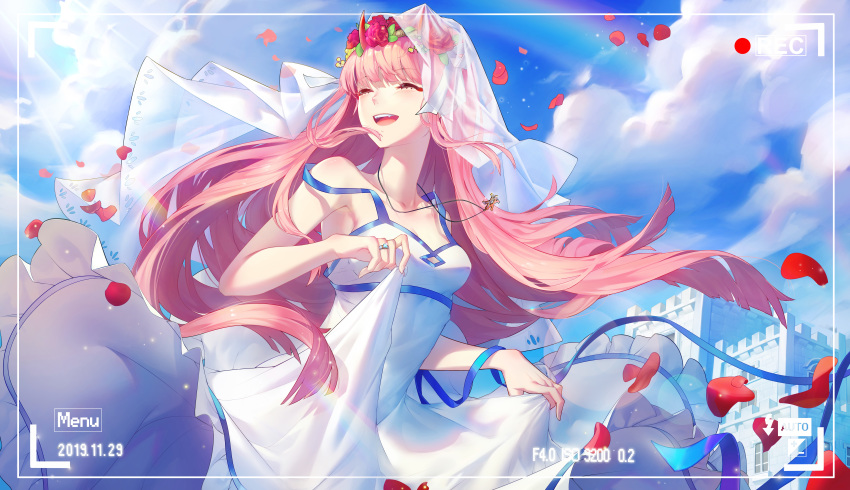 clouds darling_in_the_franxx dress jpeg_artifacts long_hair necklace nhan sky zero_two