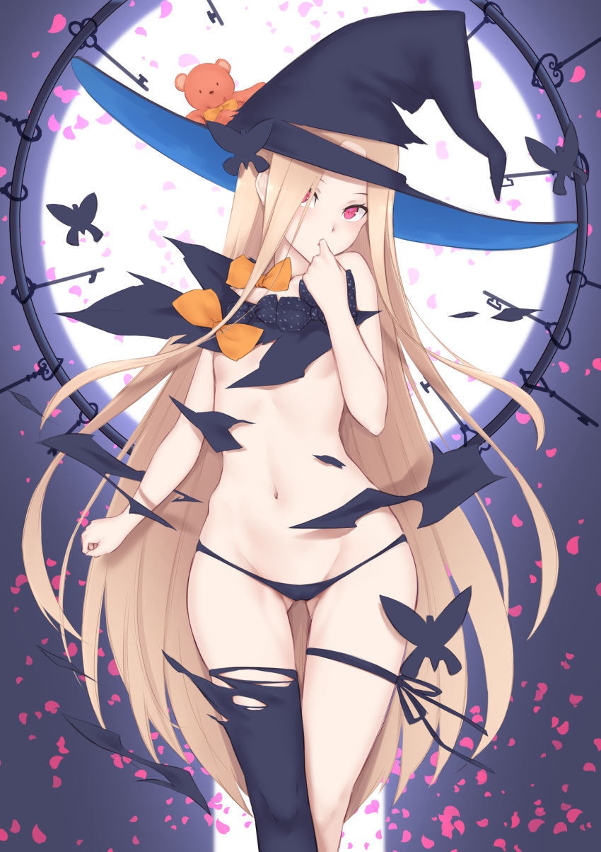 1girl abigail_williams_(fate/grand_order) bangs bare_shoulders black_bow black_headwear black_legwear black_panties blonde_hair blush bow breasts bug butterfly fate/grand_order fate_(series) forehead full_moon hat highres insect jilu key long_hair looking_at_viewer moon multiple_bows navel night night_sky orange_bow panties parted_bangs petals polka_dot polka_dot_bow red_eyes single_thighhigh sky small_breasts solo stuffed_animal stuffed_toy teddy_bear thighhighs thighs torn_clothes underwear witch_hat