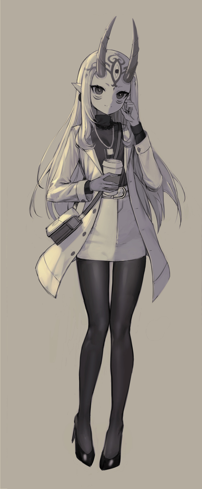 absurdres alternate_costume bag belt_buckle breasts buckle casual closed_mouth coat cup disposable_cup earrings facial_mark fate/grand_order fate_(series) forehead_mark full_body grey_background grey_hair greyscale handbag high_heels highres holding holding_cup ibaraki_douji_(fate/grand_order) jewelry long_hair long_sleeves looking_at_viewer monochrome necklace oni oni_horns open_clothes open_coat pantyhose pointy_ears shirt shoulder_bag sidelocks simple_background skirt small_breasts smile standing tttanggvl unbuttoned very_long_hair