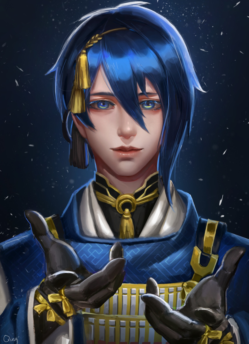 1boy artist_name black_gloves blue_eyes blue_hair gloves hair_between_eyes hairband highres japanese_clothes looking_at_viewer male_focus mikazuki_munechika portrait simple_background solo tassel touken_ranbu yiqing_(yohare)