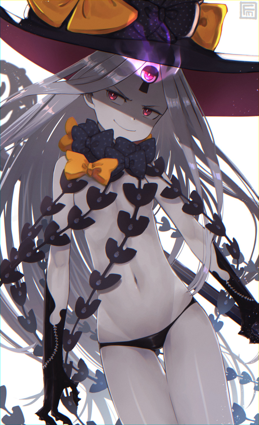 1girl abigail_williams_(fate/grand_order) bangs bare_shoulders black_headwear black_panties bow breasts claws convenient_censoring fate/grand_order fate_(series) forehead fumafu glowing glowing_eye hat highres key keyhole long_hair looking_to_the_side multiple_bows navel orange_bow panties parted_bangs polka_dot polka_dot_bow red_eyes shaded_face simple_background small_breasts smile solo staff thighs third_eye underwear white_background white_hair white_skin witch_hat