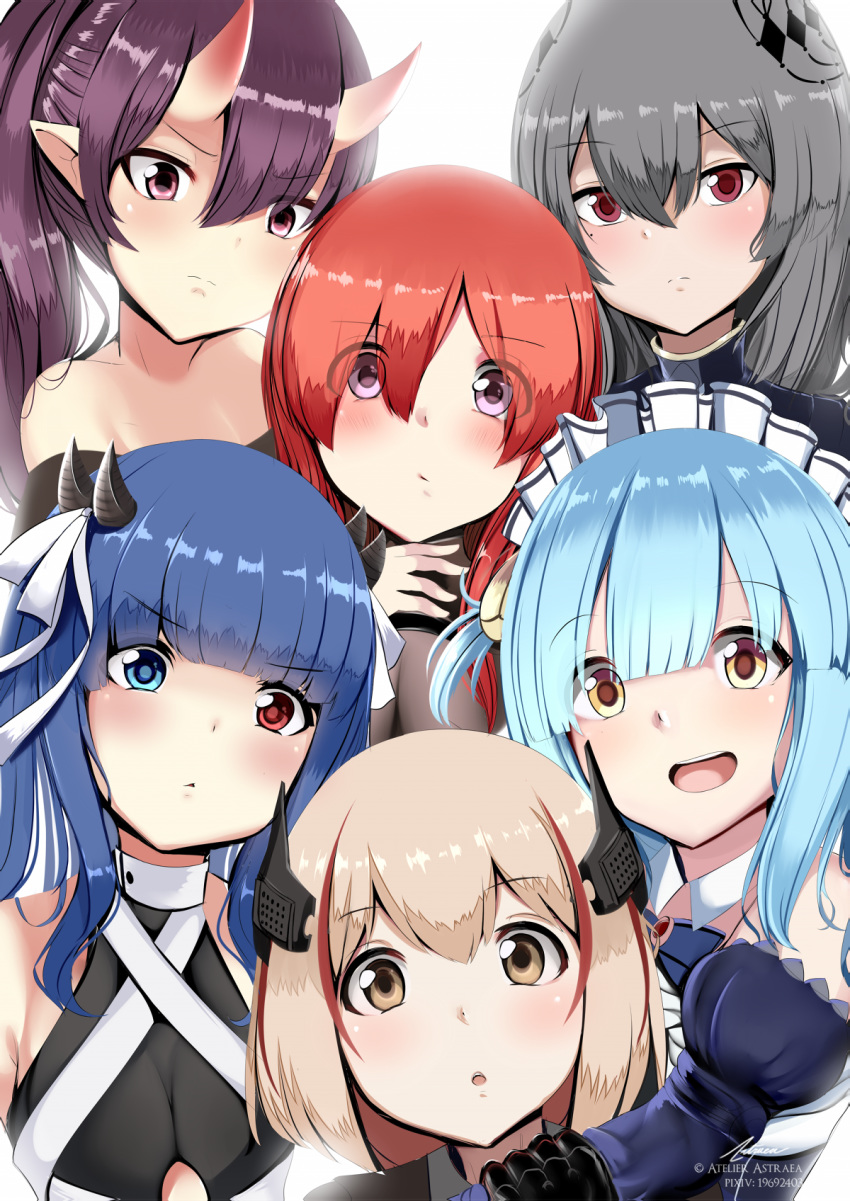 6+girls artist_name astraea_(atelierastraea) azur_lane bangs bare_shoulders blonde_hair blue_hair blunt_bangs blush breasts brown_eyes child choker closed_mouth collared_jacket detached_sleeves diamond_(shape) english_commentary expressionless eyebrows_visible_through_hair eyes_visible_through_hair frown grey_hair hair_between_eyes hair_ribbon head_tilt heterochromia highres horns ibuki_(azur_lane) izumo_(azur_lane) lace lace_choker lips long_hair maid maid_headdress mechanical_hands mole mole_under_eye monarch_(azur_lane) multicolored_hair multiple_girls multiple_horns neptune_(azur_lane) off_shoulder oni oni_horns open_mouth pixiv_id pointy_ears ponytail purple_eyes purple_hair red_eyes red_hair ribbon roon_(azur_lane) saint-louis_(azur_lane) seashell_hair_ornament short_hair sideless_outfit skin-covered_horns small_breasts streaked_hair two_side_up underboob_cutout upper_body white_ribbon younger