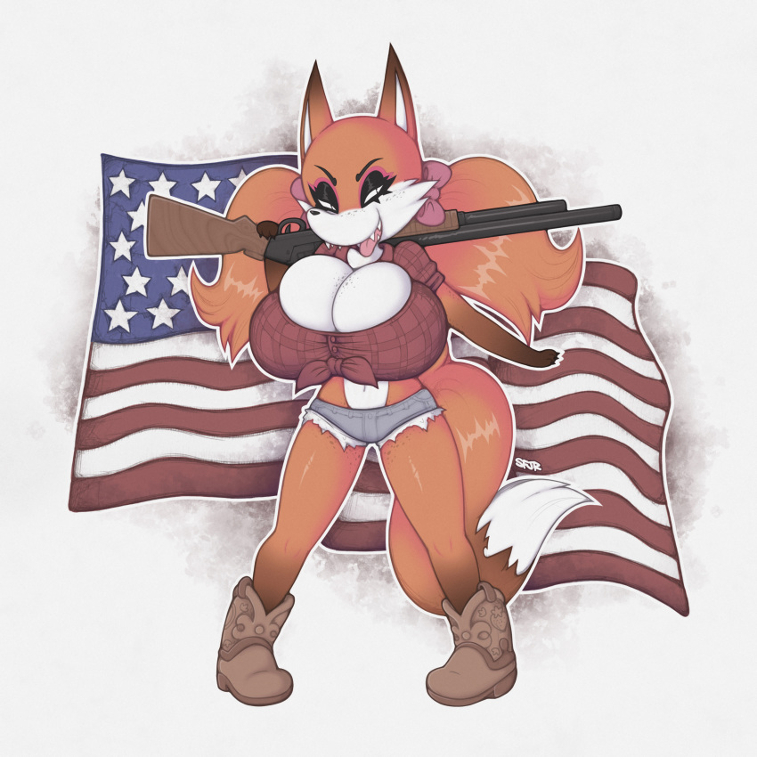 1:1 absurd_res anthro bedroom_eyes big_breasts boots bottomwear bow breasts canid canine cleavage clothed clothing cowboy_boots cutoffs daisy_dukes denim denim_clothing female flag footwear fox freckles gun half-closed_eyes hi_res hotpants huge_breasts makeup mammal mascara narrowed_eyes ranged_weapon redneck seductive sharp_teeth shorts shotgun smutbunny solo teeth tongue tongue_out twintails_(disambiguation) united_states_of_america weapon