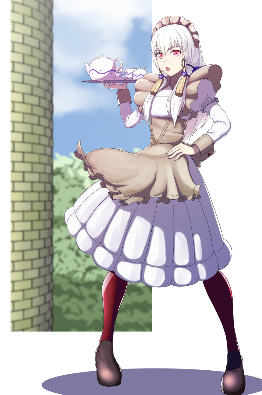 1girl absurdres cup fire_emblem fire_emblem:_three_houses full_body gzo1206 hair_ornament highres holding long_hair long_sleeves lysithea_von_ordelia maid maid_headdress open_mouth pantyhose pink_eyes red_legwear solo teacup teapot tray white_hair