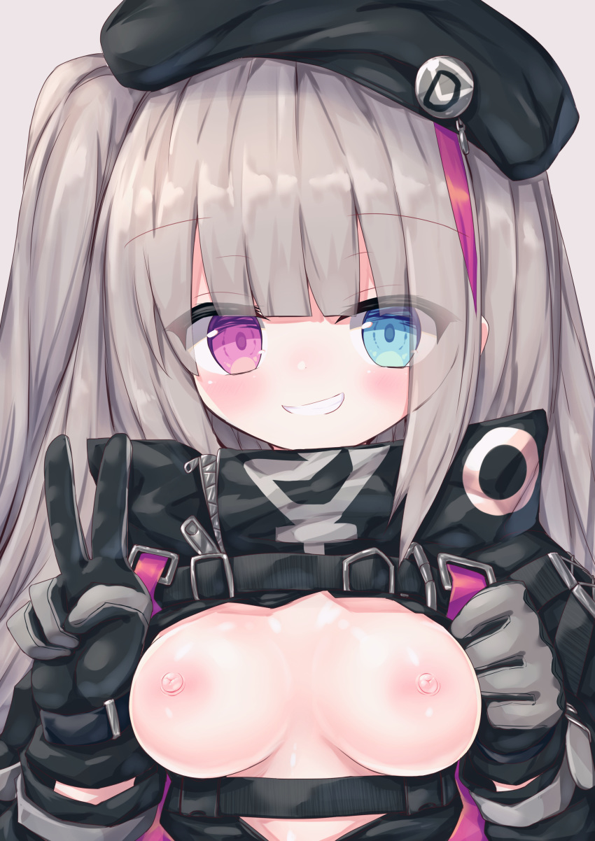 1girl absurdres beret black_gloves black_headwear black_jacket blue_eyes blush breasts breasts_outside brown_background commentary_request girls_frontline gloves grey_hair grin hands_up hat heterochromia high_collar highres jacket long_hair long_sleeves looking_at_viewer mdr_(girls_frontline) medium_breasts multicolored_hair nipples pink_eyes red_hair simple_background smile solo streaked_hair upper_body v waste_(arkaura)