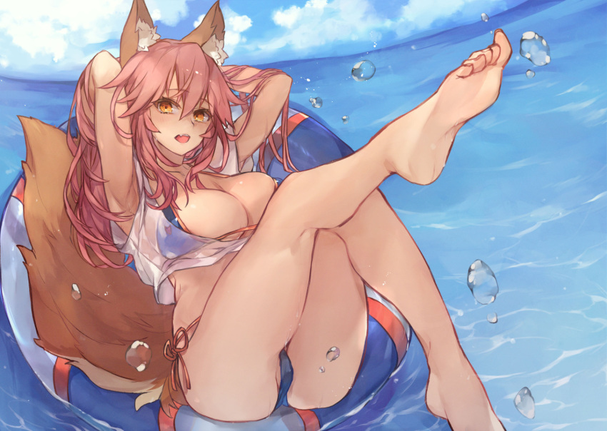 animal_ears barefoot bikini fate/grand_order fate_(series) long_hair pink_hair swimsuit tail tamamo_no_mae_(fate) water yellow_eyes yok01