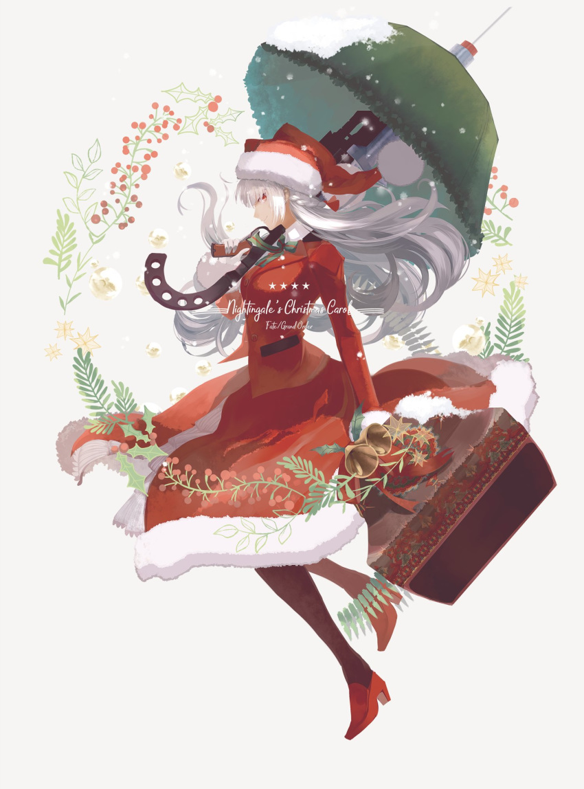 1girl bell copyright_name en_(enxxx) fate/grand_order fate_(series) florence_nightingale_(fate/grand_order) florence_nightingale_santa_(fate/grand_order) hat high_heels highres holly over_shoulder pantyhose pink_hair red_eyes santa_hat smile umbrella_gun weapon weapon_over_shoulder