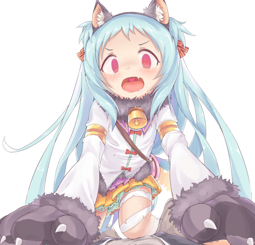 1boy 1girl animal_ears bandaged_leg bandages bell blue_hair fake_animal_ears gloves highres izumo_miyako long_hair open_mouth princess_connect! princess_connect!_re:dive spectra very_long_hair