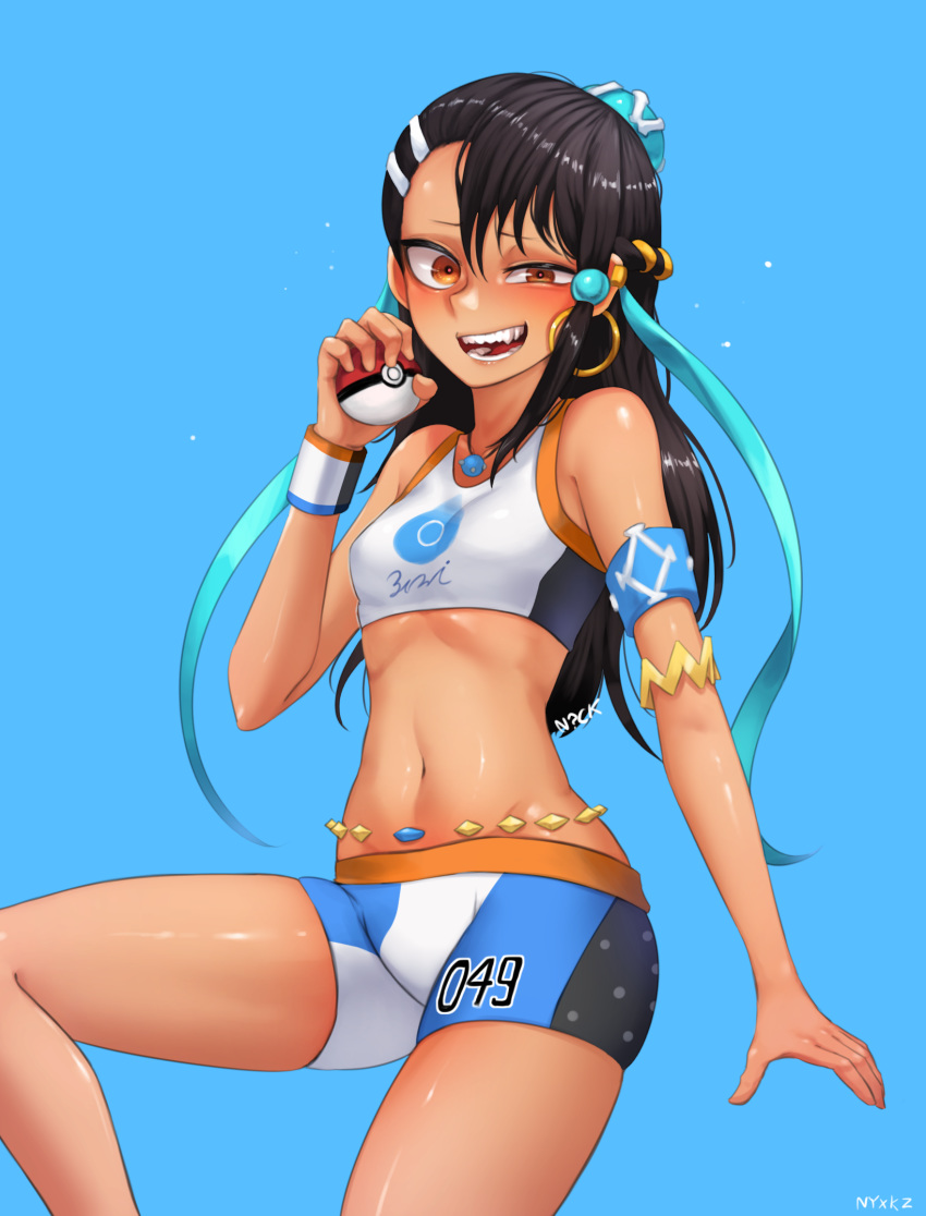 1girl :d armband artist_name bare_shoulders belly_chain black_hair blue_background breasts brown_eyes commentary cosplay crop_top dark_skin ear_clip earrings english_commentary fang highres holding holding_poke_ball hoop_earrings ijiranaide_nagatoro-san jewelry long_hair looking_at_viewer midriff nagatoro navel necklace nickniceth open_mouth poke_ball poke_ball_(generic) pokemon pokemon_(game) pokemon_swsh rurina_(pokemon) rurina_(pokemon)_(cosplay) sharp_teeth short_shorts shorts simple_background small_breasts smile smirk solo tank_top teeth uneven_eyes wristband