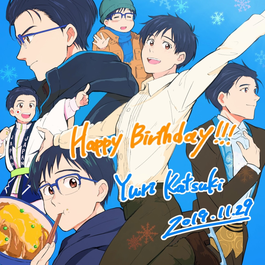 1boy 2019 :d black_hair blazer blue-framed_eyewear blue_background bow bowtie brown_eyes chopsticks chopsticks_in_mouth coat collared_shirt dated eating food formal glasses happy_birthday hat ice_skates jacket jewelry katsudon_(food) katsuki_yuuri male_focus open_mouth pointing ring scarf shirt skates smile snowflakes standing standing_on_one_leg suit takeshi_(mononohu20) yuri!!!_on_ice