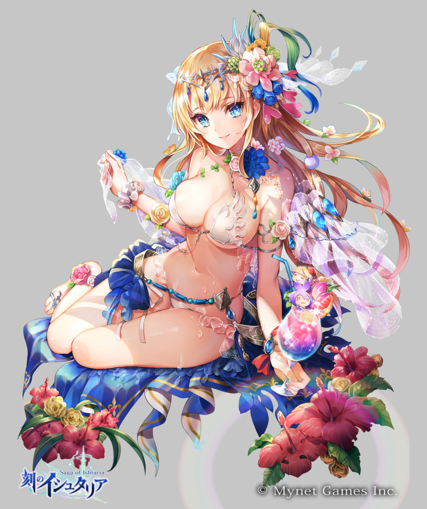 &gt;_&lt; 3girls :3 age_of_ishtaria anklet armlet barefoot bikini blonde_hair blue_eyes blue_hair breasts chibi cleavage commentary_request company_name copyright_name cup drink drinking_glass drinking_straw flower flower_anklet full_body gradient_hair green_hair grey_background hair_flower hair_ornament halterneck headpiece hibiscus highres holding holding_cup jewelry long_hair looking_at_viewer medium_breasts multicolored_hair multiple_girls navel nemusuke official_art one_side_up purple_hair rose see-through shawl simple_background sitting smile solo_focus swimsuit white_bikini wrist_cuffs yokozuwari