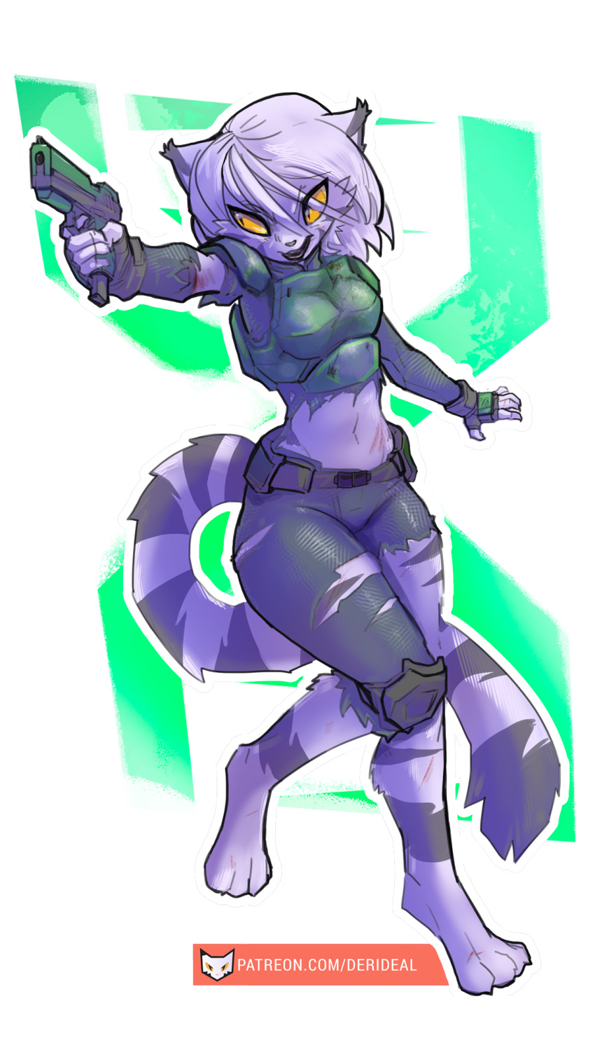 2019 anthro armor belly biped clothed clothing derideal digital_drawing_(artwork) digital_media_(artwork) domestic_cat felid feline felis female gun handgun hi_res holding_gun holding_object holding_weapon ivory_(derideal) kiaun mammal open_mouth ranged_weapon simple_background solo uniform weapon