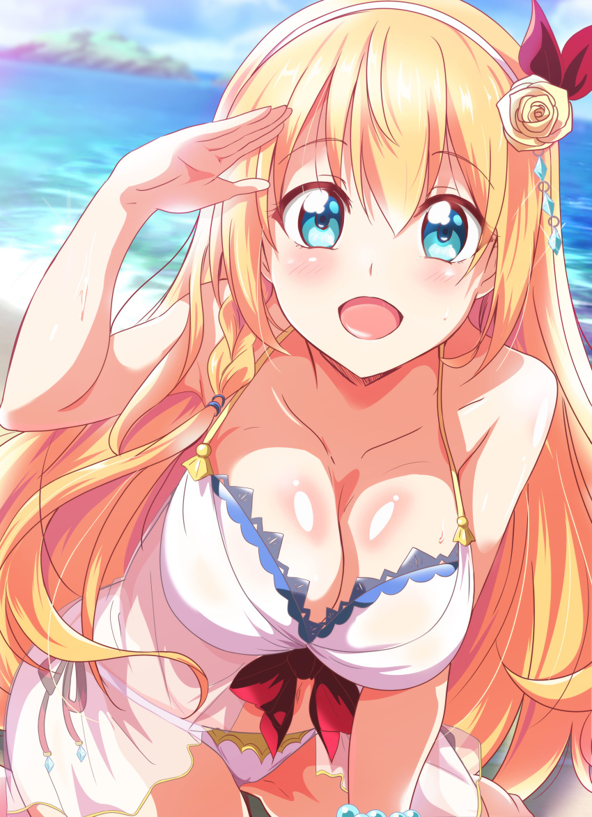 1girl absurdres beach bikini blonde_hair blue_eyes blue_sky breasts cleavage cloud commentary_request cowboy_shot day flower front-tie_top hair_flower hair_ornament highres large_breasts long_hair looking_at_viewer low_twintails open_mouth outdoors pecorine princess_connect! princess_connect!_re:dive rose salute side-tie_bikini sky smile solo swimsuit twintails washizuka_shou white_bikini yellow_flower yellow_rose