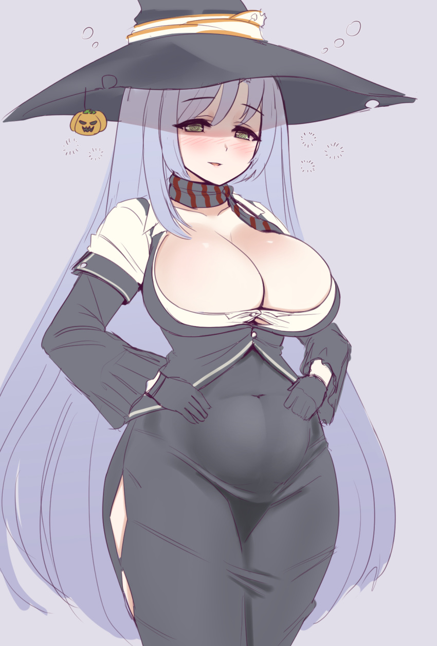 1girl @_@ al_bhed_eyes belly black_gloves blush breasts circe_(last_origin) cleavage dress gloves green_eyes grey_hair hat highres huge_breasts last_origin long_hair manme navel open_mouth skindentation smile solo very_long_hair witch witch_hat