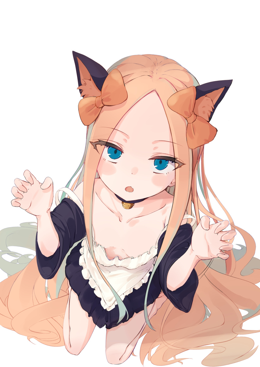 1girl abigail_williams_(fate/grand_order) absurdres animal_ears bangs bare_shoulders bell black_dress blonde_hair blue_eyes blush bow breasts cat_ears claw_pose collar dress fate/grand_order fate_(series) forehead hair_bow highres jingle_bell kneeling long_hair long_sleeves looking_at_viewer mikami_hotaka multiple_bows off-shoulder_dress off_shoulder open_mouth orange_bow parted_bangs small_breasts solo very_long_hair