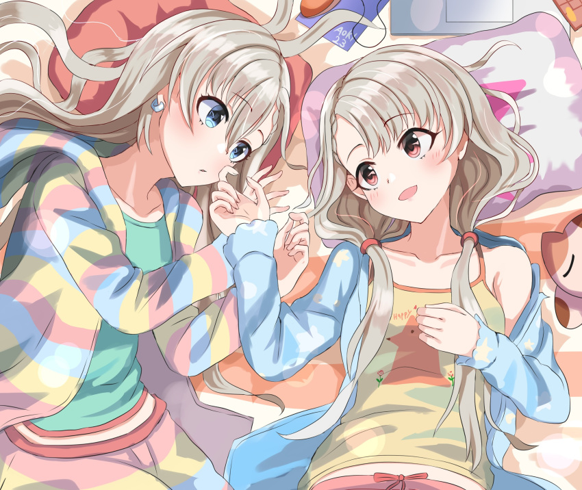 2girls bangs blue_eyes blue_pajamas blunt_bangs blush braid breasts brown_eyes clothes_writing collarbone commentary_request computer cowboy_shot doll earrings green_shirt grey_hair hair_strand hand_on_another's_arm hand_on_own_chest haruki_(haruki678) head_on_pillow highres hisakawa_hayate hisakawa_nagi hood hoodie idolmaster idolmaster_cinderella_girls jewelry laptop long_hair looking_at_another low_twintails lying midriff_peek mouse_(computer) mousepad_(object) multicolored multicolored_clothes multicolored_hoodie multicolored_pants multiple_girls off-shoulder_shirt off_shoulder on_bed open_clothes open_hoodie open_mouth open_pajamas pillow shadow shirt siblings sisters small_breasts smile star star_print tank_top twins twintails yellow_tank_top