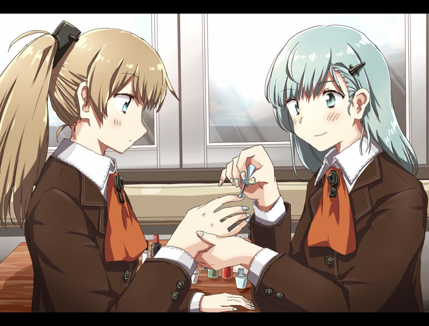 2girls any_(lucky_denver_mint) aqua_eyes aqua_hair aqua_nails ascot blue_eyes brown_hair brown_jacket commentary_request hair_ornament hairclip jacket kantai_collection kumano_(kantai_collection) long_hair multiple_girls nail_polish ponytail profile school_uniform suzuya_(kantai_collection) upper_body window