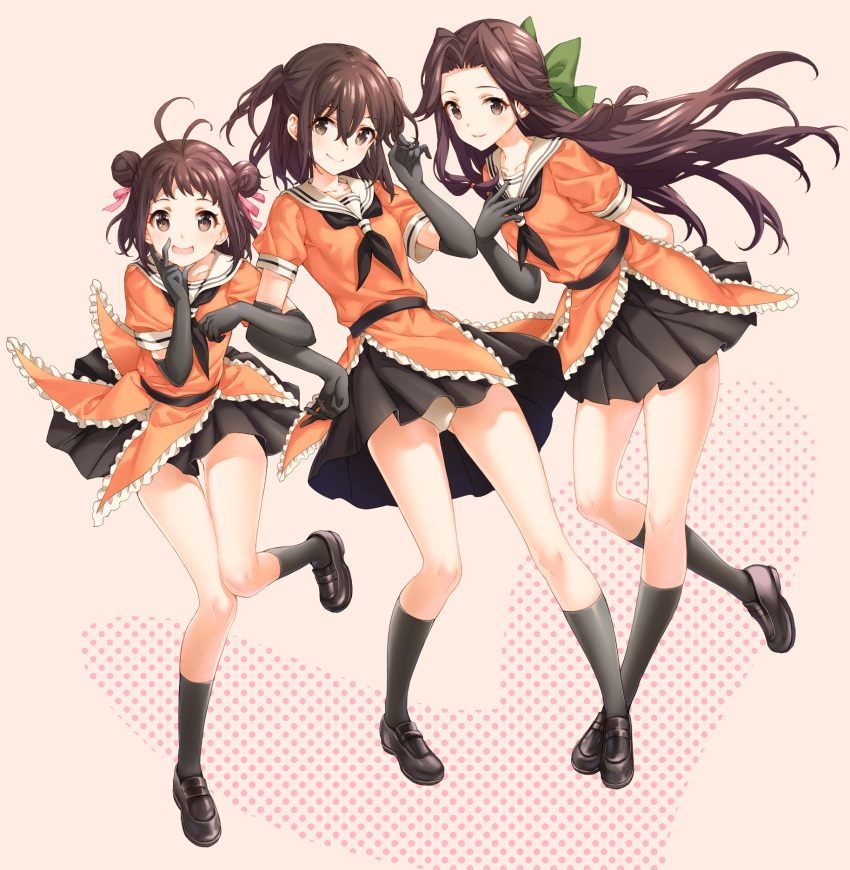 3girls antenna_hair black_footwear black_gloves black_legwear black_neckwear black_skirt brown_eyes brown_hair double_bun elbow_gloves full_body gloves hair_intakes hair_ribbon half_updo highres jintsuu_(kantai_collection) kantai_collection kneehighs loafers long_hair looking_at_viewer matching_outfit multiple_girls naka_(kantai_collection) neckerchief orange_serafuku orange_shirt panties pink_background pink_ribbon polka_dot polka_dot_background ribbon sailor_collar school_uniform sendai_(kantai_collection) serafuku shiosoda shirt shoes skirt smile two_side_up underwear white_panties white_sailor_collar