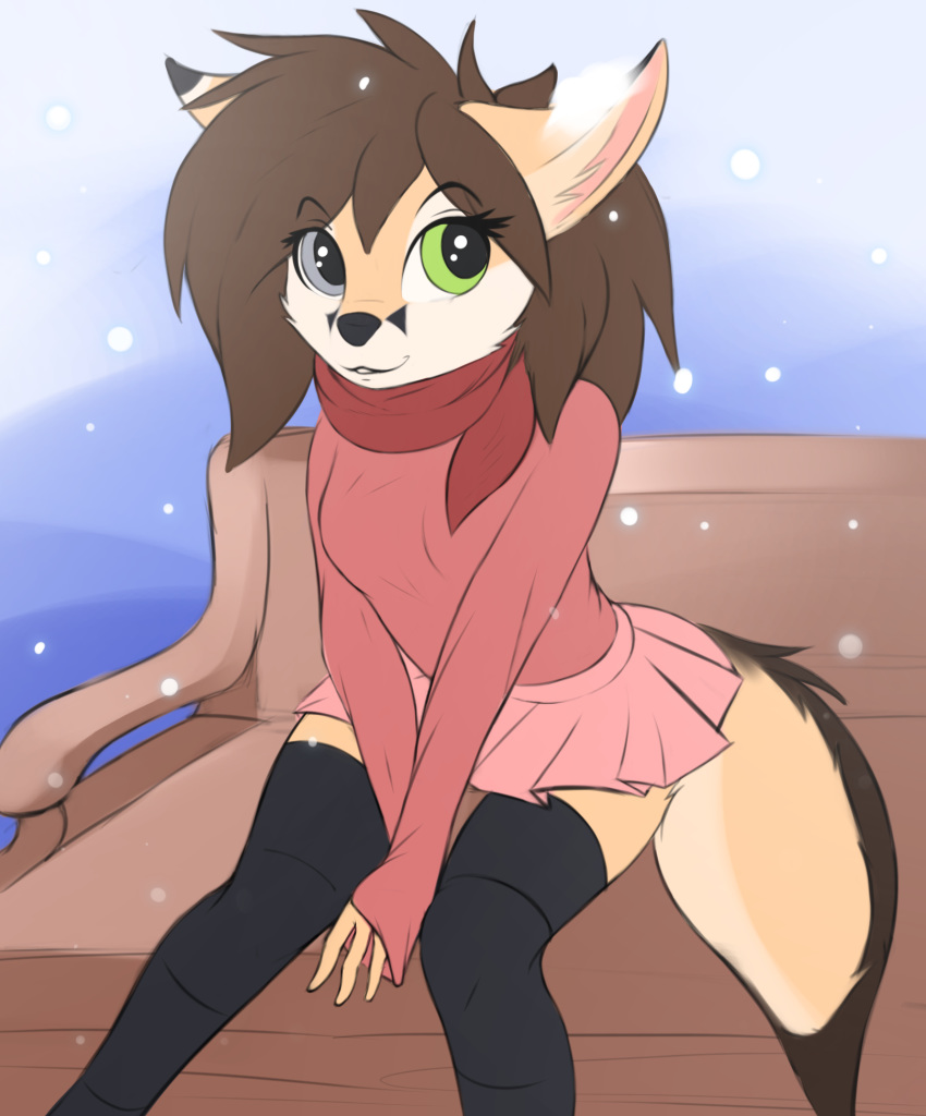 anthro brown_hair canid canine clothed clothing eyebrows eyelashes female fennec fox hair heterochromia hi_res mammal sitting smile solo twiren