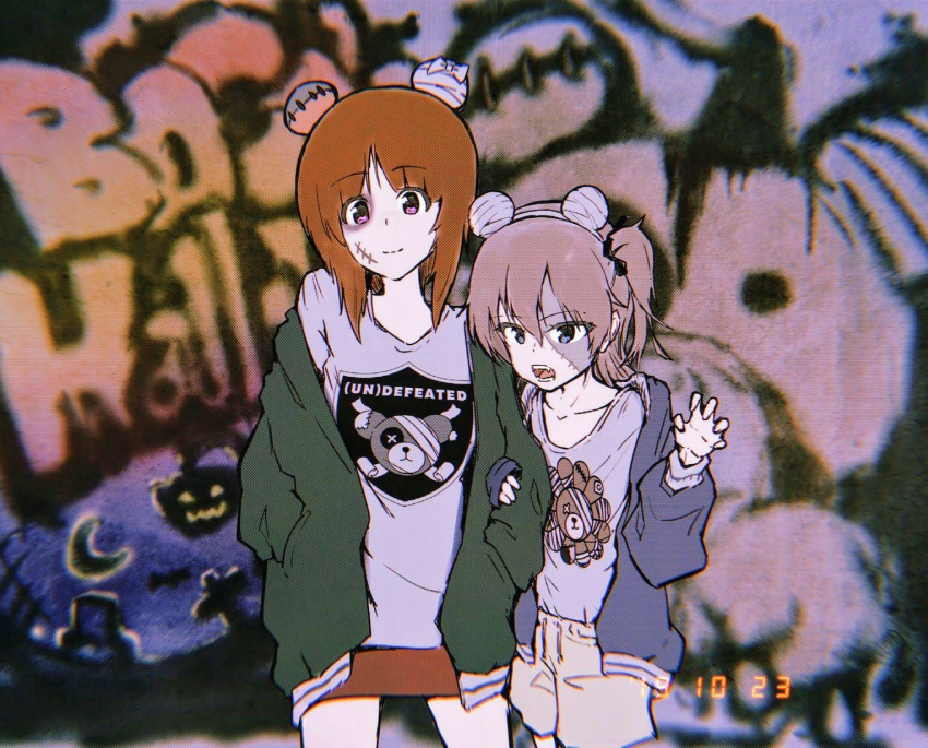 2girls alternate_eye_color animal_ears animal_print arm_grab bangs bear_ears bear_print black_eyes black_ribbon blue_eyes blue_jacket boko_(girls_und_panzer) brown_hair brown_shorts claw_pose closed_mouth commentary crescent_moon dated english_text eyebrows_visible_through_hair fake_animal_ears fangs frown girls_und_panzer goripan graveyard green_jacket grey_shorts hair_ribbon halloween halloween_costume hands_in_pockets highres jack-o'-lantern jacket light_brown_hair long_hair long_sleeves looking_at_viewer miniskirt moon multiple_girls nishizumi_miho off_shoulder one_side_up open_clothes open_jacket open_mouth purple_eyes red_skirt ribbon shimada_arisu shirt short_hair shorts skirt smile standing stitches t-shirt