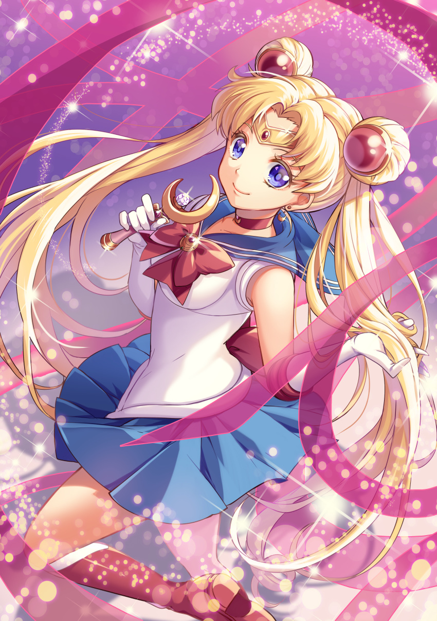 1girl absurdres back_bow bangs bishoujo_senshi_sailor_moon blonde_hair blue_eyes blue_skirt boots bow brooch choker circlet closed_mouth cowboy_shot crescent crescent_choker crescent_earrings double_bun earrings elbow_gloves gloves hair_ornament hairpin highres holding holding_wand jewelry knee_boots long_hair maboroshi_no_ginzuishou magical_girl moon_stick parted_bangs pink_ribbon pleated_skirt purple_background red_bow red_footwear red_neckwear ribbon sailor_moon sailor_senshi_uniform skirt smile solo standing standing_on_one_leg takase_kou tsukino_usagi twintails wand white_gloves