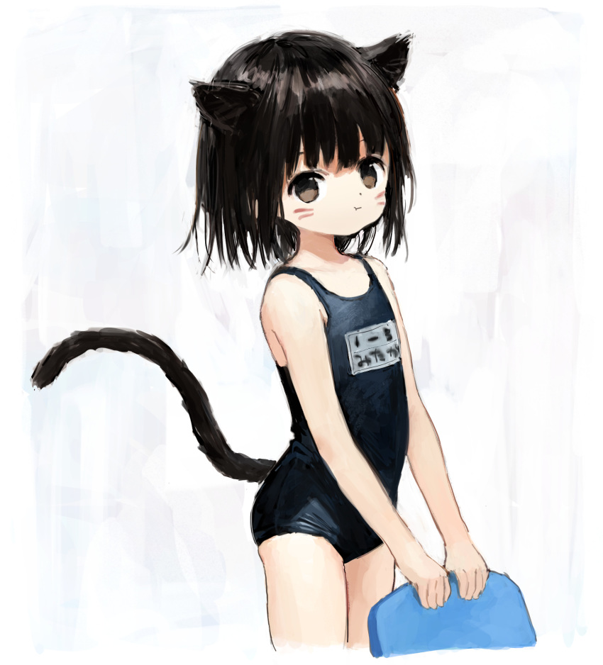 1girl animal_ears bangs black_hair brown_eyes cat_ears cat_tail closed_mouth cowboy_shot dot_nose facepaint fake_whiskers highres holding kickboard looking_at_viewer messy_hair one-piece_swimsuit original school_swimsuit sho_(sho_lwlw) short_hair simple_background solo standing swimsuit tail