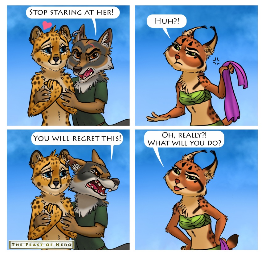 angry barefoot blue_eyes breasts canid cheetah clothing comic conditional_dnp delkon dialogues felid feline green_eyes hi_res julia_(delkon) long_tail lynx mammal outside servius_(delkon) short_tail valeria_(delkon)