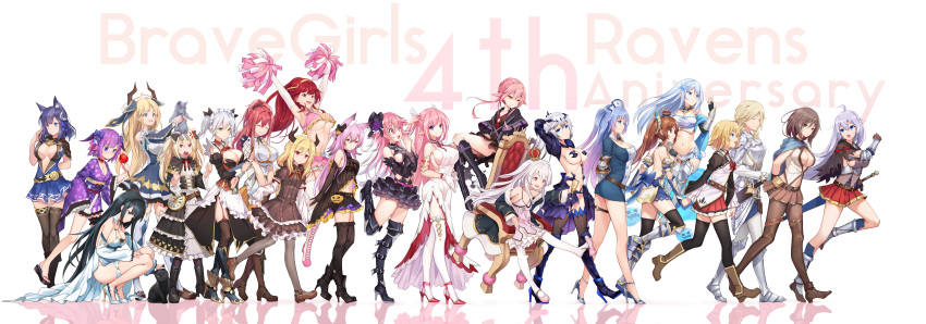 6+girls @_@ absurdres am1m anger_vein angry animal_ears anniversary armpits bangs bare_shoulders belt berunditte_maiyal black_capelet black_footwear black_hair black_hairband black_legwear blonde_hair blue_bow blue_dress blue_eyes blue_hair blue_ribbon blush boots bouncing_breasts bow braid brave_girl_ravens breasts brown_capelet brown_eyes brown_footwear brown_hair bustier candy_apple capelet cat cat_ears center_opening character_request cheerleader cleavage clipboard clock closed_mouth copyright_name corset crescent crescent_hair_ornament crop_top cross-laced_footwear crown_braid detached_sleeves dress fang food fox_ears french_braid frilled_kimono frills garter_straps geta gloves gothic_lolita green_eyes hair_between_eyes hair_bow hair_ornament hair_ribbon hairband hairclip halter_dress heterochromia high_heels highres horns japanese_clothes jumping kimono knee_boots lace-up_boots large_breasts leaning_forward lolita_fashion long_hair long_sleeves loose_belt maid medium_hair miniskirt multiple_girls nose_blush obi open_mouth pencil petting pink_hair pink_skirt pleated_skirt pom_poms ponytail purple_hair purple_kimono red_eyes red_hair revealing_cutout ribbon running rurafisu_(brave_girl_ravens) sash sheskarna_(brave_girl_ravens) shoes short_hair short_kimono sideboob skirt sleeves_past_fingers sleeves_past_wrists smile squatting standing sword thigh_strap thighhighs twintails two_side_up underboob v_arms very_long_hair walking weapon white_dress white_footwear white_gloves white_hair white_legwear white_sleeves yellow_eyes zettai_ryouiki