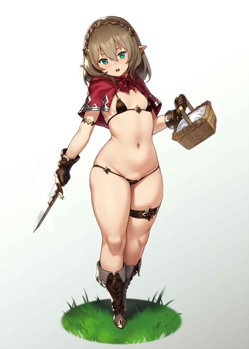 1girl bangs basket bikini black_bikini boots braid breasts brown_footwear brown_gloves brown_hair capelet commentary_request dagger full_body gloves grass green_eyes grey_background groin hair_between_eyes head_tilt highres holding holding_basket holding_weapon houtengeki knee_boots little_red_riding_hood little_red_riding_hood_(grimm) looking_at_viewer lowleg lowleg_bikini medium_hair micro_bikini navel open_mouth pointy_ears pussy_peek red_capelet simple_background skindentation small_breasts solo standing stomach string_bikini swimsuit thigh_strap thighs thong_bikini weapon