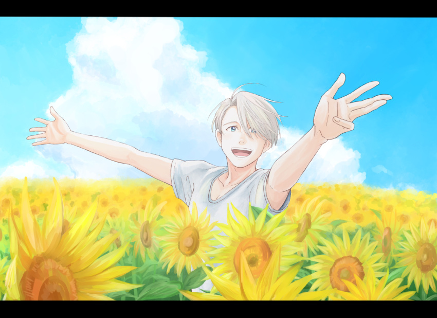 1boy :d blue_eyes blue_sky cloud flower male_focus open_mouth outstretched_arms shirt silver_hair sky smile spread_arms sunflower t-shirt takeshi_(mononohu20) upper_body viktor_nikiforov yuri!!!_on_ice