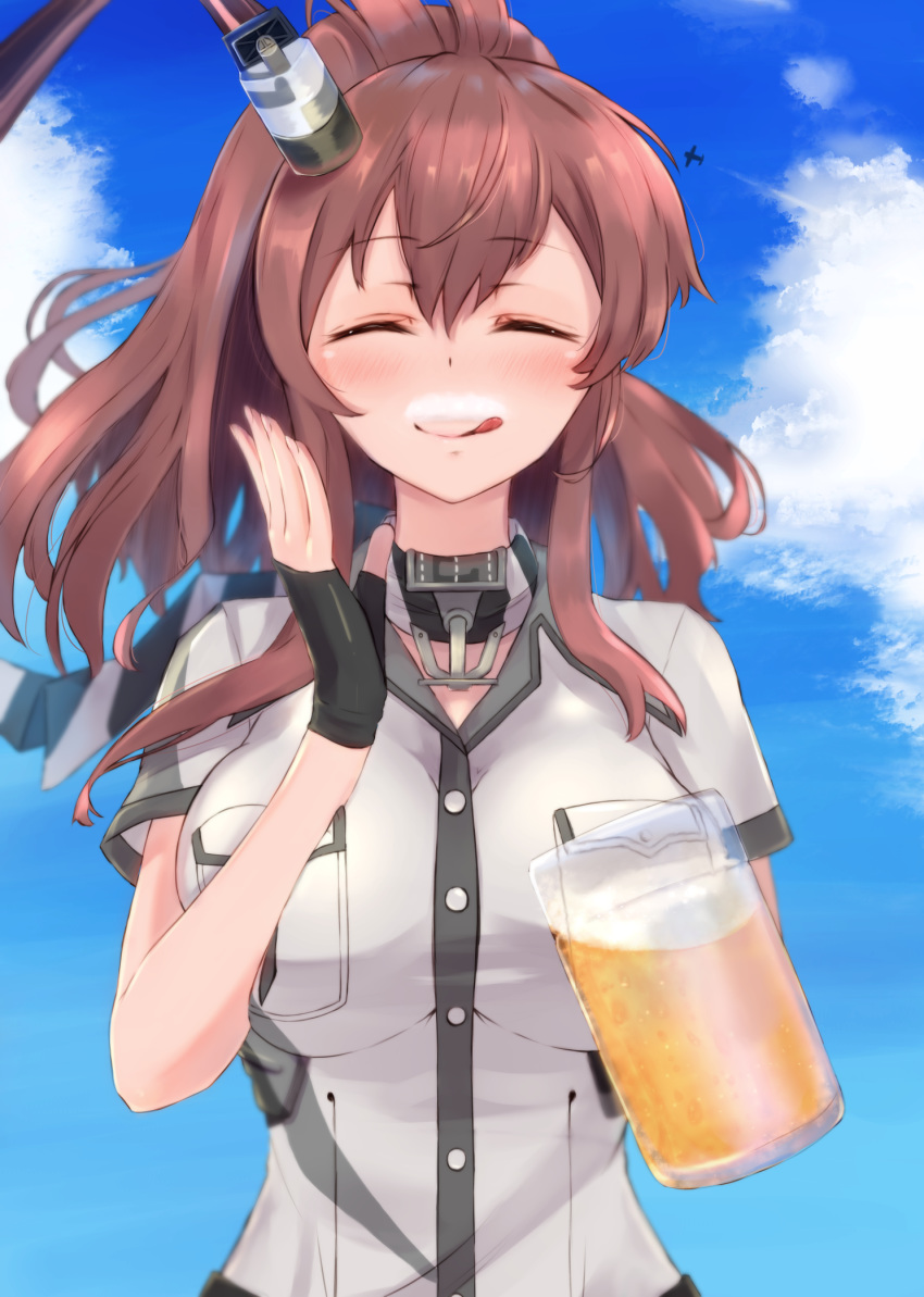 1girl ^_^ alcohol beer black_gloves blush breast_pocket breasts brown_hair closed_eyes cup dress eyebrows_visible_through_hair facing_viewer fingerless_gloves gloves hair_between_eyes highres holding holding_cup kamome_donburi kantai_collection large_breasts pocket saratoga_(kantai_collection) side_ponytail smile solo upper_body white_dress