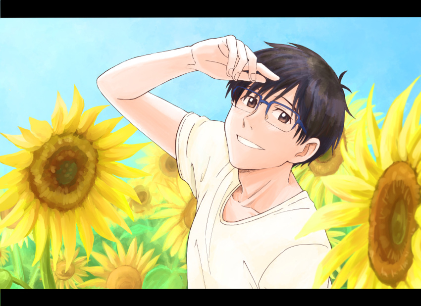 1boy black_hair blue-framed_eyewear blue_sky brown_eyes flower glasses katsuki_yuuri male_focus shirt sky smile sunflower t-shirt takeshi_(mononohu20) upper_body yuri!!!_on_ice