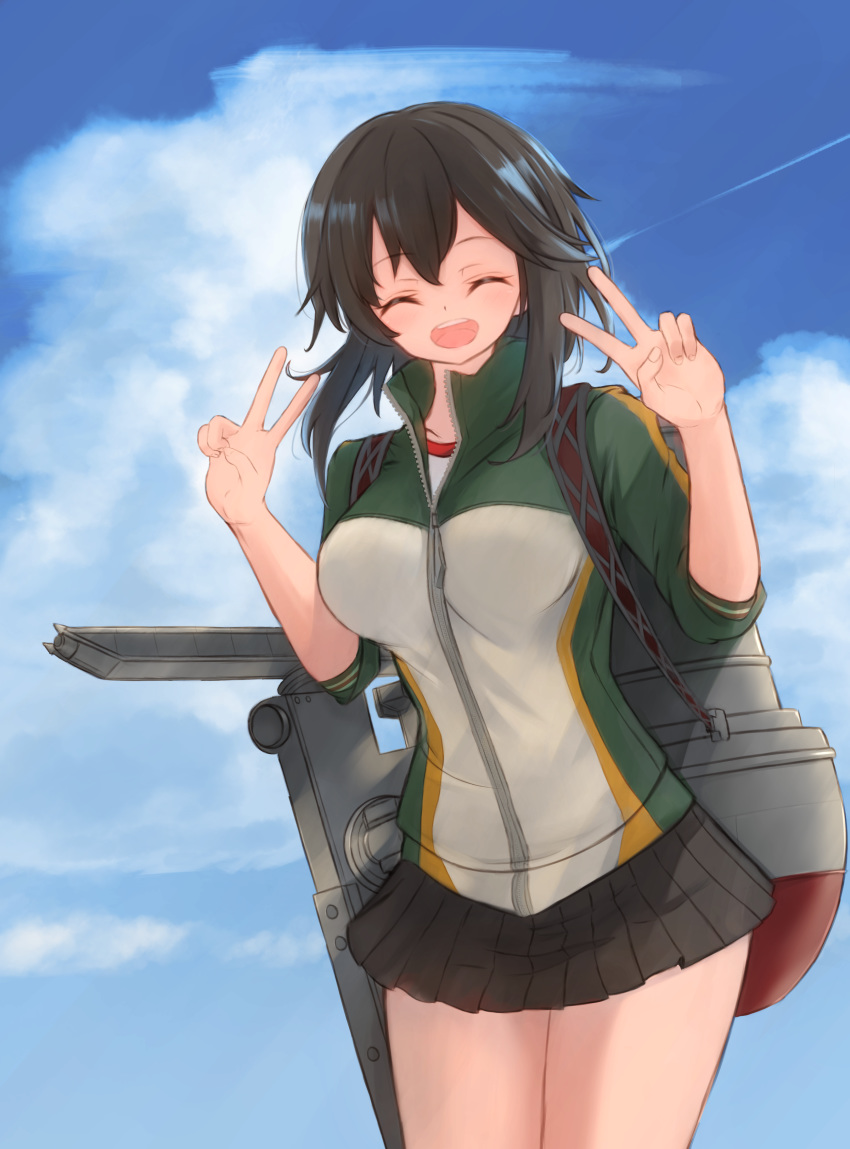 1girl ^_^ absurdres black_hair black_skirt closed_eyes double_v eyebrows_visible_through_hair facing_viewer gym_shirt hayasui_(kantai_collection) highres jacket kamome_donburi kantai_collection machinery miniskirt open_mouth pleated_skirt shirt short_hair skirt solo thighs track_jacket v