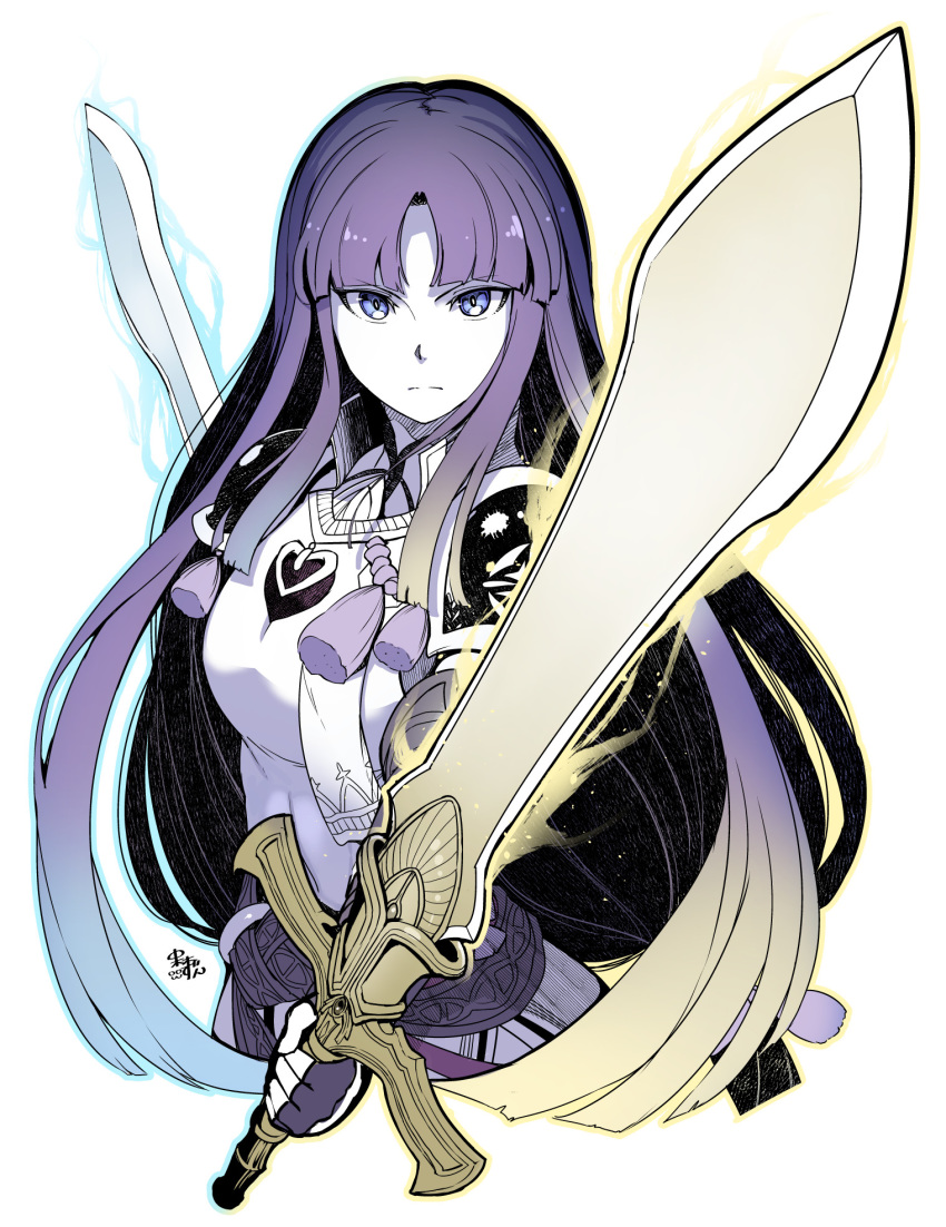 1girl alondite altina blue_eyes blue_hair closed_mouth dual_wielding fingerless_gloves fire_emblem fire_emblem:_radiant_dawn fire_emblem_heroes gloves highres holding holding_sword holding_weapon long_hair nakabayashi_zun ragnell simple_background solo sword upper_body weapon white_background