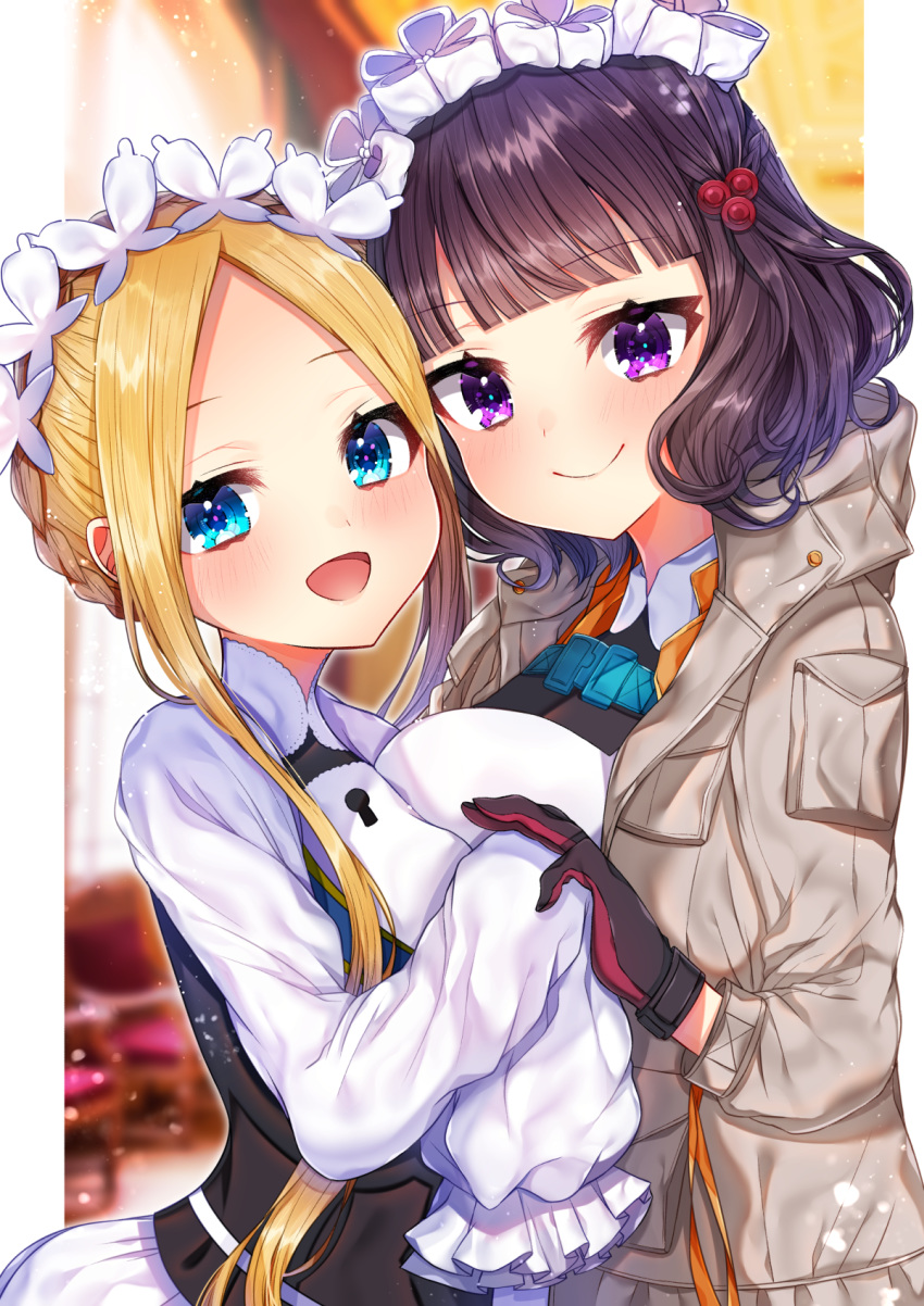 2girls abigail_williams_(fate/grand_order) akirannu bangs black_gloves blonde_hair blue_eyes blunt_bangs blush braid breasts closed_mouth dress fate/grand_order fate_(series) forehead french_braid gloves grey_jacket hair_ornament hairpin heroic_spirit_festival_outfit highres jacket katsushika_hokusai_(fate/grand_order) keyhole long_hair long_sleeves looking_at_viewer maid_headdress medium_breasts multiple_girls open_mouth parted_bangs purple_eyes purple_hair short_hair sidelocks sleeves_past_fingers sleeves_past_wrists small_breasts smile white_dress