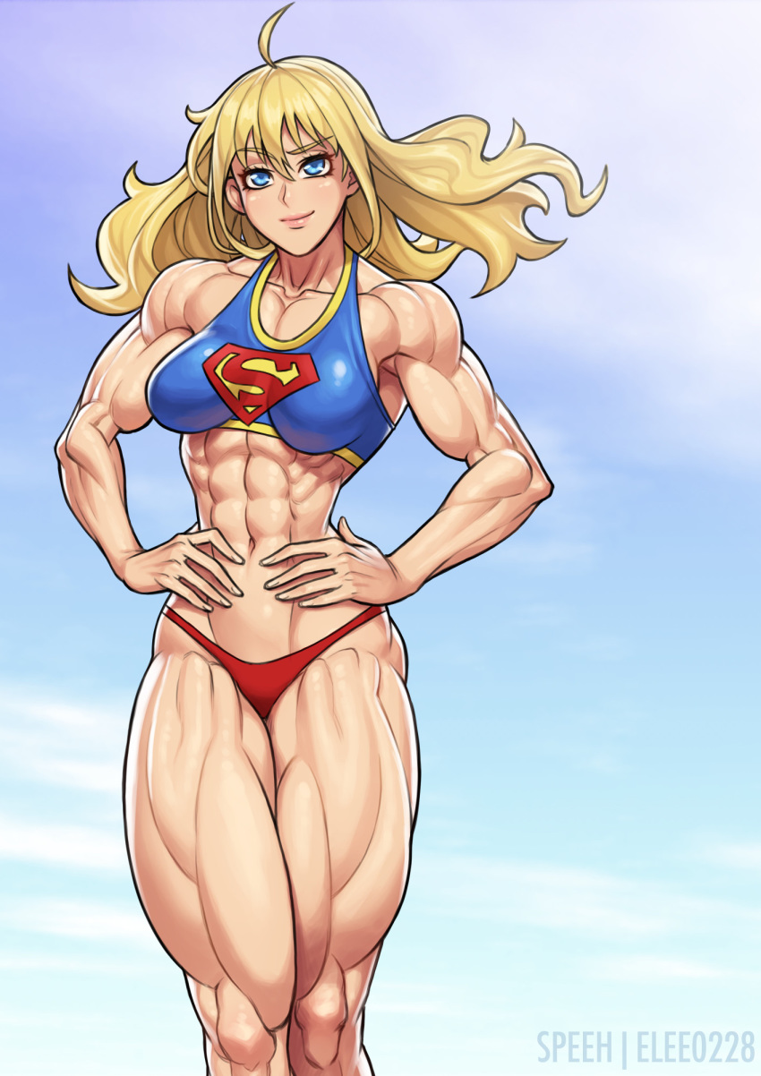 1girl abs bikini blonde_hair breasts dc_comics elee0228 highres large_breasts muscle muscular_female speh supergirl swimsuit