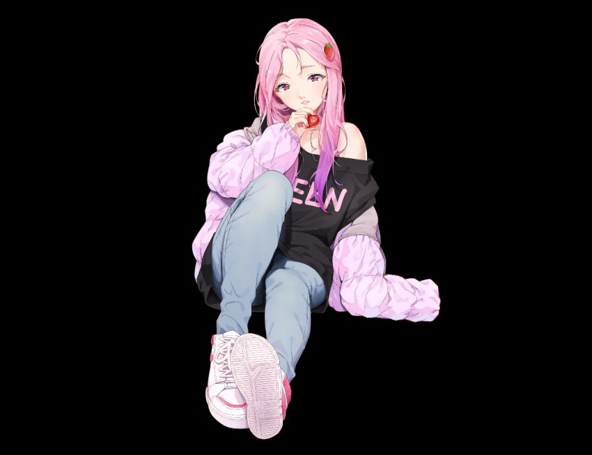 agnamore aliasing black food fruit long_hair original pink_eyes pink_hair strawberry