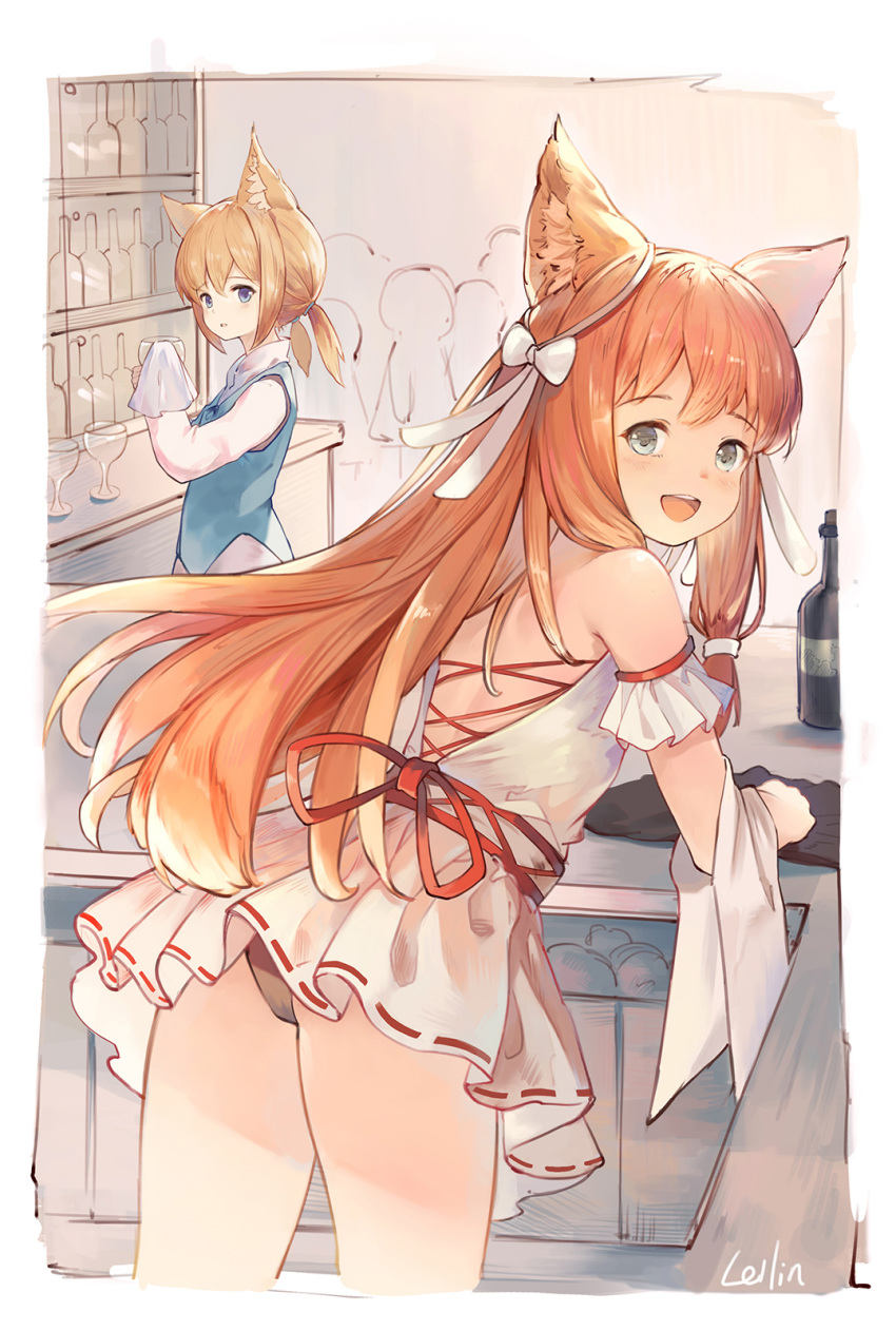2girls accidental_exposure animal_ear_fluff animal_ears ass bar bare_shoulders black_panties blonde_hair blue_eyes blue_vest bottle brown_hair cat_ears cleaning cloth counter cup dress drinking_glass from_behind highres leaning_forward leilin long_hair looking_back low_twintails multiple_girls no_tail open_mouth original panties revision ribbon shirt short_dress short_twintails sketch smile strapless strapless_dress thighs twintails underwear vest white_dress white_shirt wiping