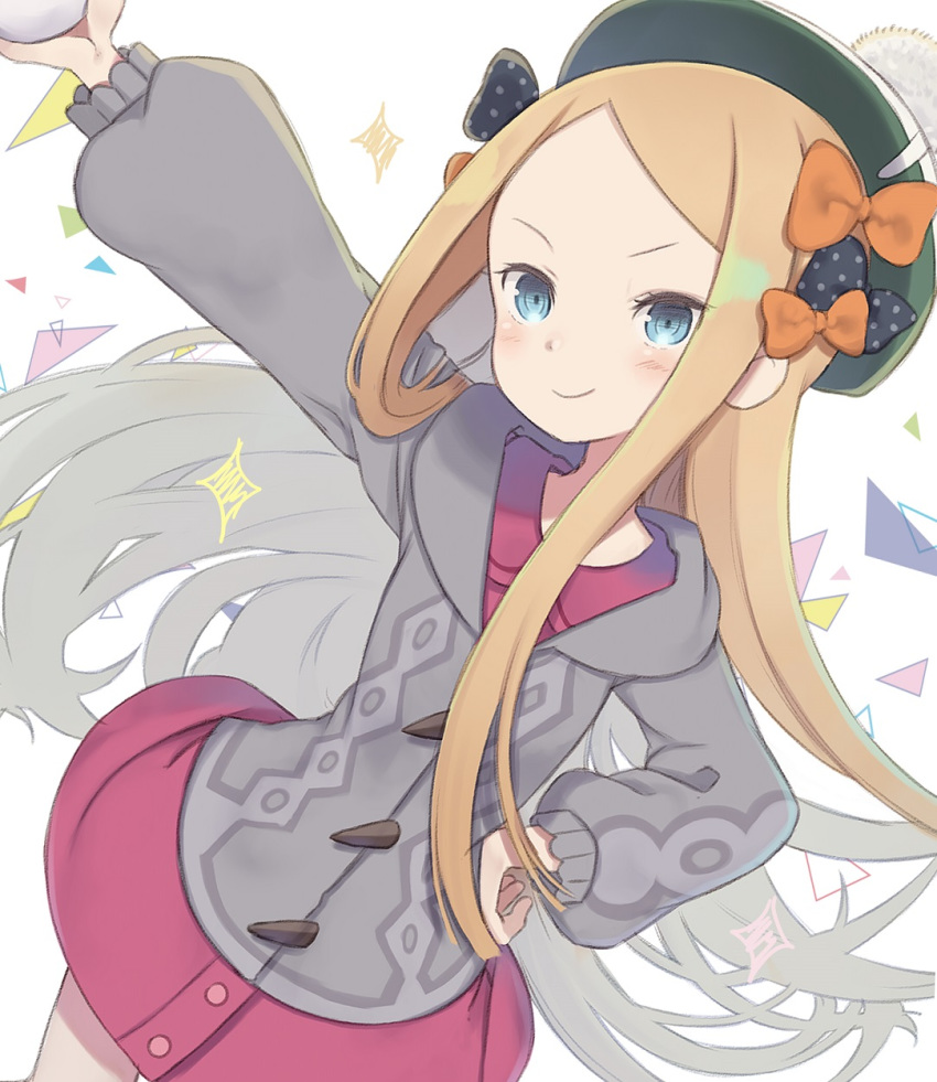 &gt;:) 1girl abigail_williams_(fate/grand_order) bangs black_bow blonde_hair blue_eyes blush bow closed_mouth collared_dress commentary_request cosplay dress fate/grand_order fate_(series) forehead green_headwear grey_cardigan hair_bow hand_on_hip highres hood hood_down hooded_cardigan long_sleeves orange_bow outstretched_arm parted_bangs pokemon pokemon_(game) pokemon_swsh polka_dot polka_dot_bow puffy_long_sleeves puffy_sleeves red_dress smile solo sparkle tam_o'_shanter totatokeke v-shaped_eyebrows white_background yuuri_(pokemon) yuuri_(pokemon)_(cosplay)