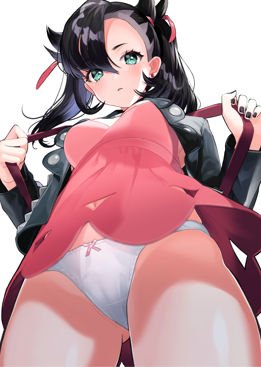 1girl absurdres alternate_breast_size aqua_eyes armpit_peek ass_visible_through_thighs asymmetrical_bangs bangs black_hair black_jacket black_nails blush bow bow_panties breasts commentary dress earrings eyebrows_visible_through_hair fingernails from_below hair_ribbon highres jacket jewelry long_hair long_sleeves looking_at_viewer looking_down mary_(pokemon) medium_breasts nail_polish navel open_clothes open_jacket panties parted_lips pink_dress pokemon pokemon_(game) pokemon_swsh pomu_(pomu_me) red_ribbon ribbon short_dress simple_background solo thighs twintails underwear upskirt white_background white_panties