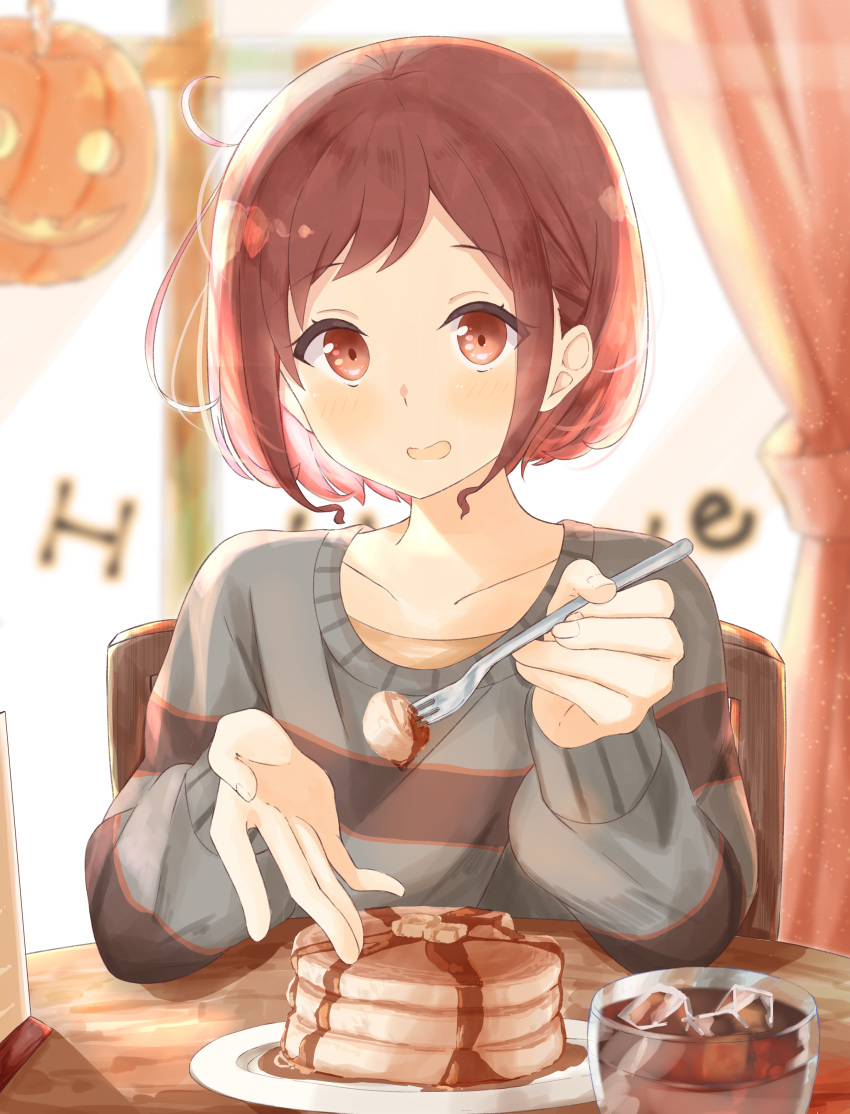 1girl absurdres bang_dream! blush brown_eyes brown_hair cafe commentary_request cup curtains drinking_glass elbows_on_table feeding food fork grey_shirt hazawa_tsugumi highres holding holding_fork indoors jack-o'-lantern long_sleeves looking_at_viewer open_mouth pancake pov_across_table pov_feeding shirt short_hair solo stack_of_pancakes striped striped_shirt sweatshirt table tsugumochi